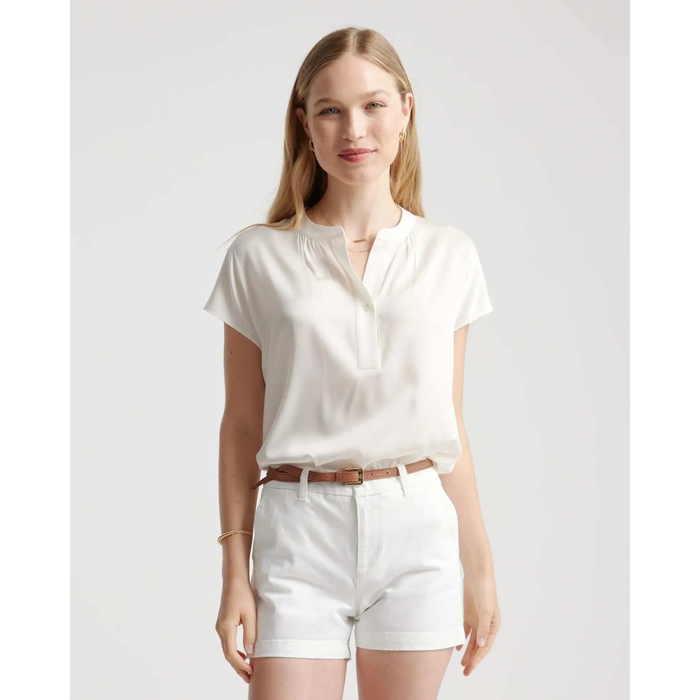 Quince Washable Stretch Silk Blouse Ivory Short Sleeve Band Collar Medium NWT
